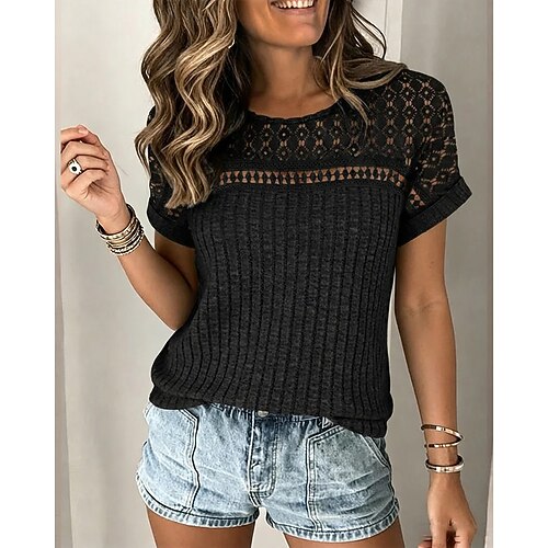 Damen Bluse Spitze Einfarbig Stilvoll Klassisch Lässig Kurzarm Rundhalsausschnitt Normale Oberteile Täglich Blau Schwarz Grün Beige Grau Sommer Frühling Image