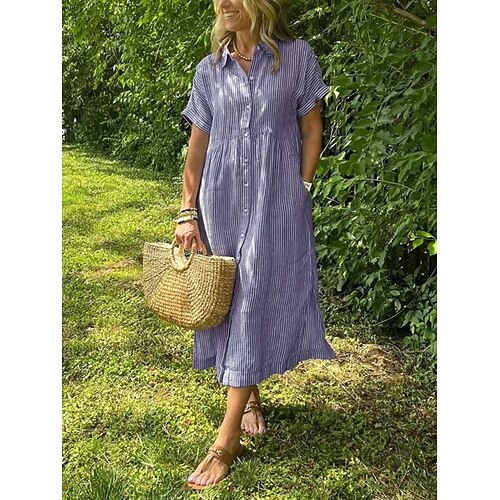 Damen Midikleid A Linie Kleid Urlaub Lässig Outdoor Ausgehen Lässiger Schnitt Gestreift Kurzarm Umlegekragen Blau Weiß Rote Purpur Sommer Frühling Herbst Image