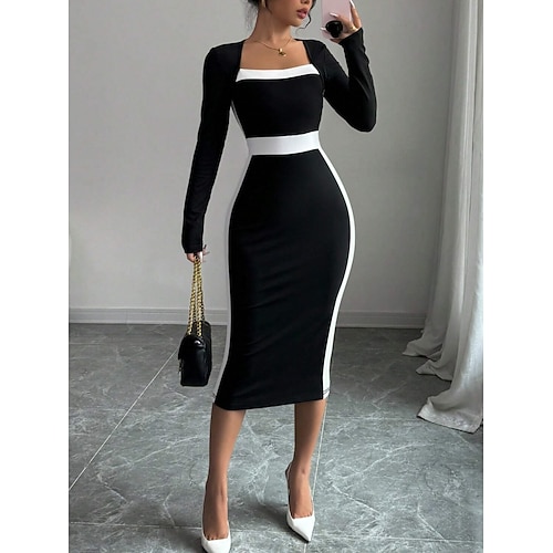 Damen Midikleid Figurbetontes Kleid Halbformelle Kleider Büro Normale Passform Farbblock Langarm Quadrathals Schwarz Marineblau Frühling Herbst Image