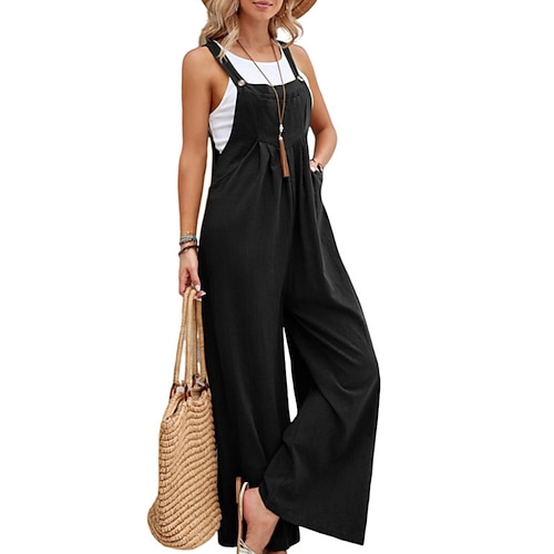 Damen Normal Overall Aktiv Einfarbig Ärmellos Weites Bein Quadrathals Tasche Täglich Urlaub Lässiger Schnitt Schwarz Rosa Armeegrün Sommer Image