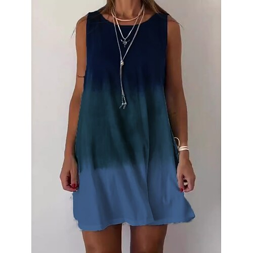 Damen Minikleid Trägerloses Kleid Urlaub Lässig Outdoor Ausgehen Lässiger Schnitt Batik Ärmellos Rundhalsausschnitt Blau Hellgrün Purpur Khaki Sommer Frühling Image