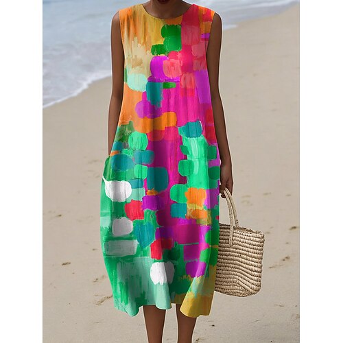 Damen Midi Kleid Leinenähnliches Shift Kleid Urlaub Casual Strand Ausgehen Lockerer Sitz Grafik Geometrisch Ärmellos Rundhals Blau Rot Lila Grün Sommer Frühling Image
