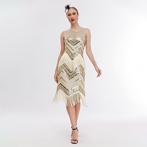 Goldene Zwanziger 1920er Retro Vintage Knielang Hochzeit Junggesellenabschied Flapper Kleid Ärmellos Hochzeitsgast Pailletten Pailletten Rundausschnitt Kostüm Damen Karneval Karneval Image