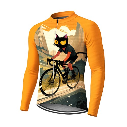 Herren Radtrikot Downhill-Trikot Katze Charakter Kontrastfarbe Langarm Fahhrad T-Shirt Trikot Kompressionskleidung mit 3 Gesäßtaschen Mountainbike MTB Straßenradsport UV-Sonnenschutz Sonnenschutz Image
