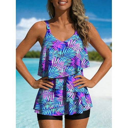 Damen Badeanzug Tankini Zweiteilig Hohe Taillenlinie Bademode Bauchkontrolle Hohe Taille Schlank Rückenfrei Urlaub Strandbekleidung Tropisch U-Ausschnitt Ärmellos Badeanzüge Image