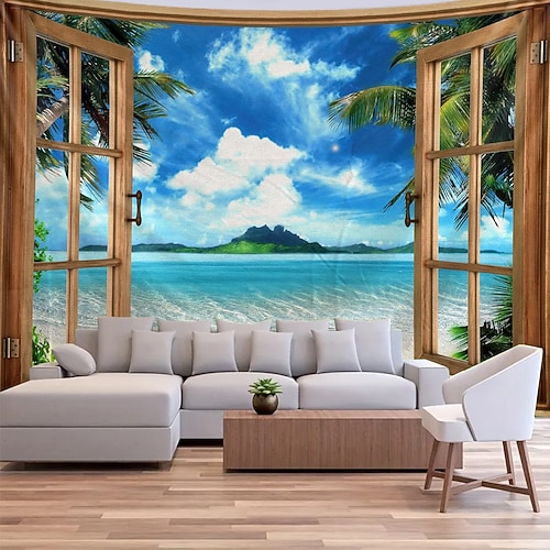 Tropischer Strandblick, Wandteppich, 3D-Naturlandschaft, Palmen, Ozean, Insel, Sommer, Heimdekoration, großer Stoffhintergrund Image