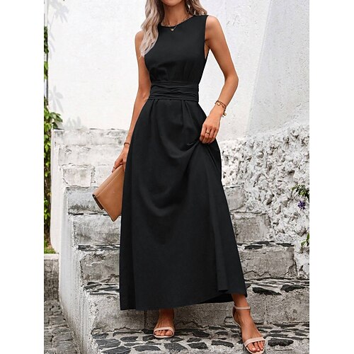 Damen Maxikleid A Linie Kleid Urlaub Lässig Outdoor Ausgehen Standard Passform Einfarbig Ärmellos Rundhalsausschnitt Marineblau Schwarz Rote Grün Sommer Frühling Image