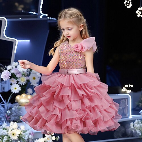 Blumenmädchenkleid Mädchen Formelle Kleidung Hochzeitskleidung Party Hochzeit Formell Elegant Niedlich Prinzessin Patchwork Netz Einfarbig Ärmellos Rundhalsausschnitt Gelb Rosa Ab 4 Jahren Image