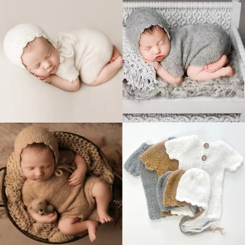 2 Stück Neugeborenen-Fotografie-Outfits, bezaubernde weiche Mohair-Strickmütze und einteiliger Strampler, Baby-Studio-Fotos, Modellierungsset, Requisiten Image