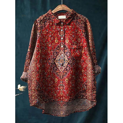 Womens Bluse Leinenähnlich Atmungsaktiv Leicht Grafik Geometrisch Aktiv Vintage Täglich Lange Ärmel Hemdkragen Tägliche Knöpfe Rot Sommer Frühling Image