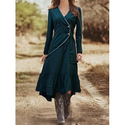 Damen Langes Kleid Maxikleid Freizeitkleid Maxidress Elegant Mode Modern Täglich Urlaub Ausgehen Normale Passform Einfach Langarm V Ausschnitt Grün Frühling Herbst Image