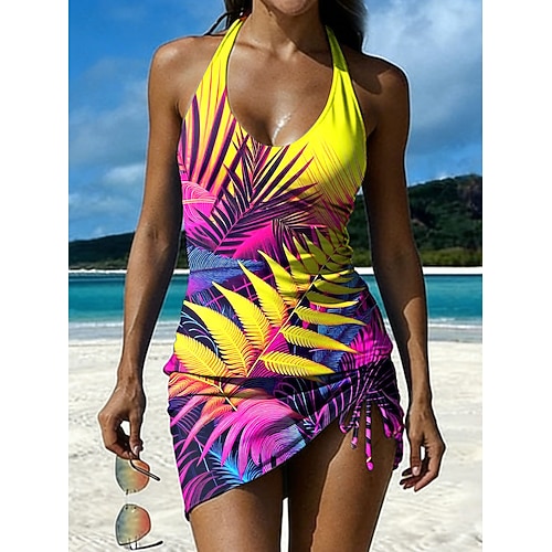 Damen Badeanzug Tankini Rock Bademode Kordelzug Strick Elegant Urlaub Blumen Grafik U-Ausschnitt Ärmellos Badeanzüge Image