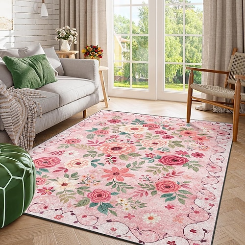 Dekorativer Teppich mit rosa Rosen- und Blütenrankenmuster, weicher Teppich für Wohnzimmer, Schlafzimmer und andere Wohnräume Image