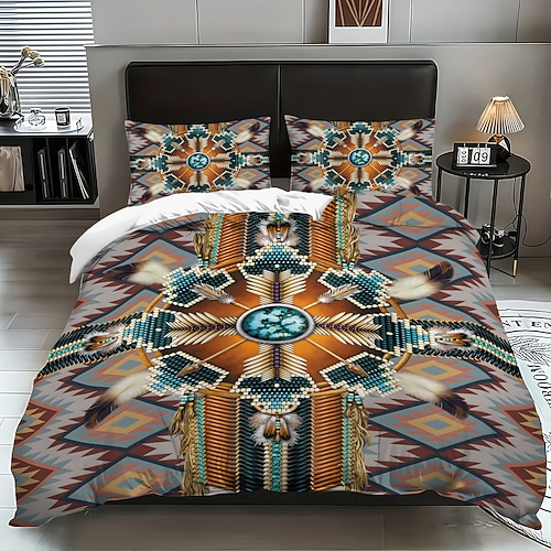 Bettwäsche-Set mit Boho-Muster, 3-teilig im Hotelstil, bestehend aus 1 Bettbezug und 2 Kissenbezügen, aus weichem Kurzplüsch. Keine Bettdecke enthalten. Image