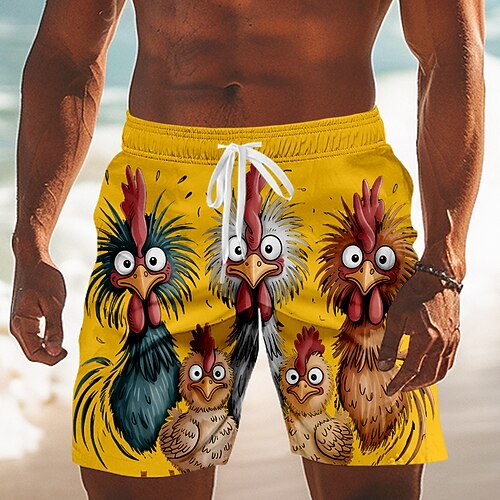 Herren Cartoon Küken Frizzle Chickens Badehosen Badeshorts Boardshorts Mittlere Taille Hawaiianisch Lustig Strandurlaub Seitentaschen Netzfutter Elastischer Kordelzug in der Taille Designer Bekleidung Image