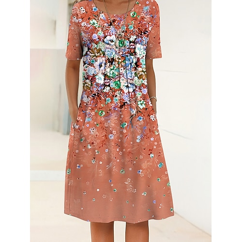 Damen Midikleid Shiftkleid Sommerkleid Urlaub Lässig Täglich Normale Passform Blumen Grafik Halbarm Rundhalsausschnitt Blau Purpur Orange Grün Sommer Frühling