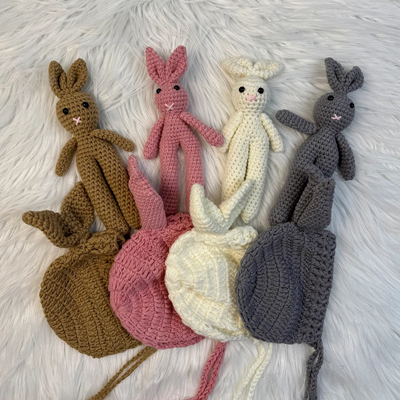 Neugeborenen Fotografie Posiert Puppe Baby Fotografie Requisiten Handgemachte Woolen Bunny Puppe Kappe Baby Spielzeug Baby Foto-shooting Requisiten Image