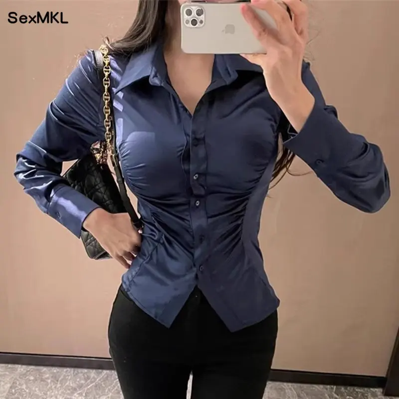 Elegante Büro Seide Weiß Shirts Frauen Langarm OL Blusas Mujer Koreanische Y2k Kleidung Schlank Button Up Casual Blusen Vintage Tops