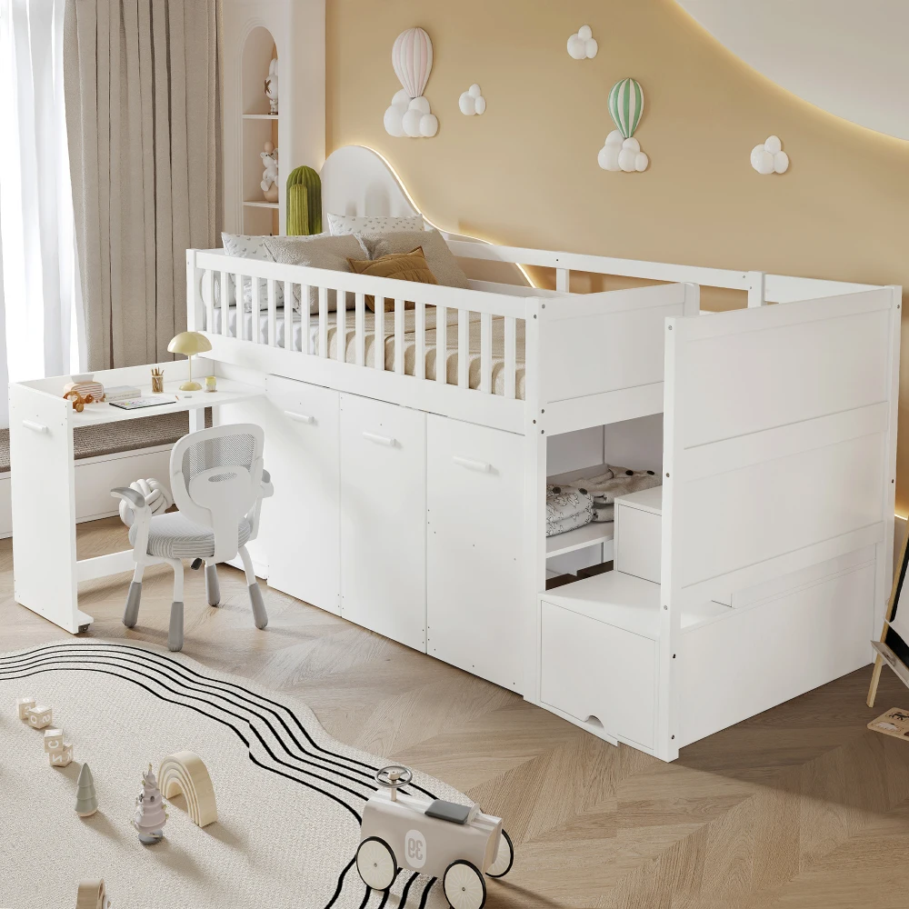 90 x 200 cm großes Etagenbett, Multifunktionsbett, Kinderbett mit Fallschirm und Gitter, mit Schreibtisch/Kleiderschrank/Schränken, 2 Schließfächer im Treppenhaus