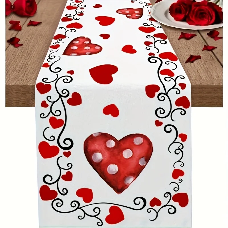 Tischläufer aus Polyester zum Valentinstag | Rotes Herz- und Polka-Dot-Design | Rechteckiges Dekor für Esszimmer/Couchtisch/Hochzeit/Party Image