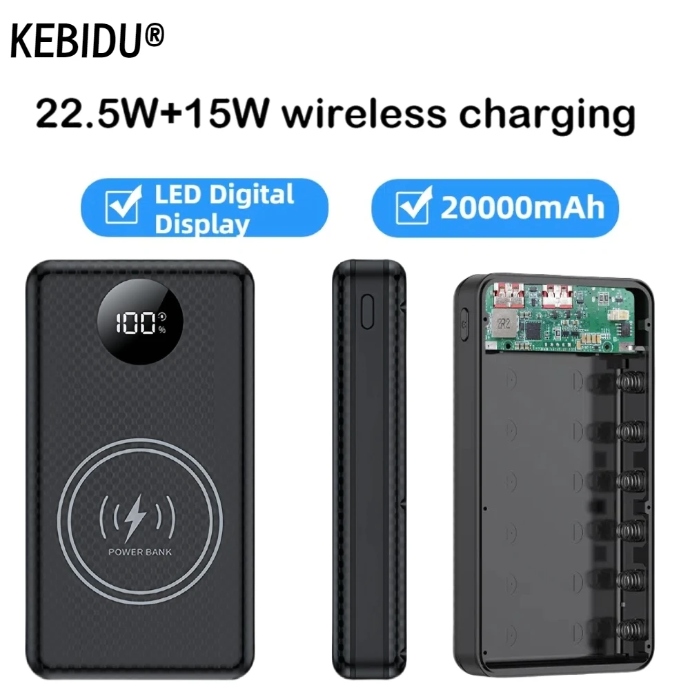 6*18650 Batterie Lagerung Box QC3.0 22,5 W PD Quick Charge18650 DIY Batterie Power Bank Fall Shell 15 W Drahtlose Lade LED Licht Image