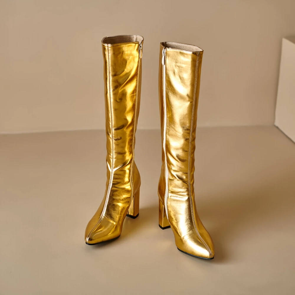 Kniehohe Stiefel Damen Leder High Heel Herbst Winter Warm Sexy Mode Seitlicher Reißverschluss Spitze Goth Schuhe Große Größe 44 45 46 168-12