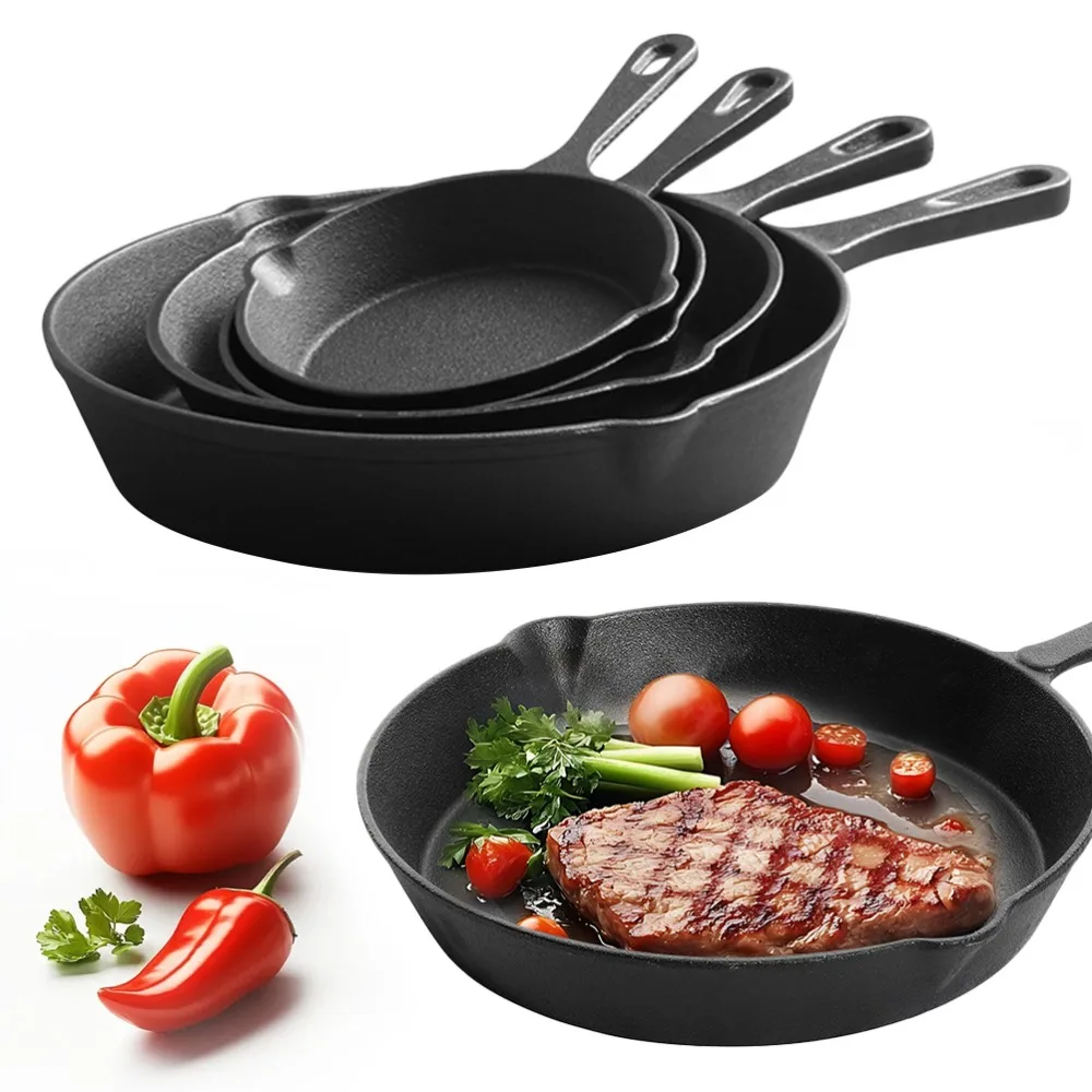 Gusseisen-Kochgeschirr, 4-teiliges Set, unbeschichtete Kochpfanne, vorgewürzte Bratpfannen, sicher, rostbeständig, gleichmäßige Wärmeverteilung, 14/16/20/26 cm Image