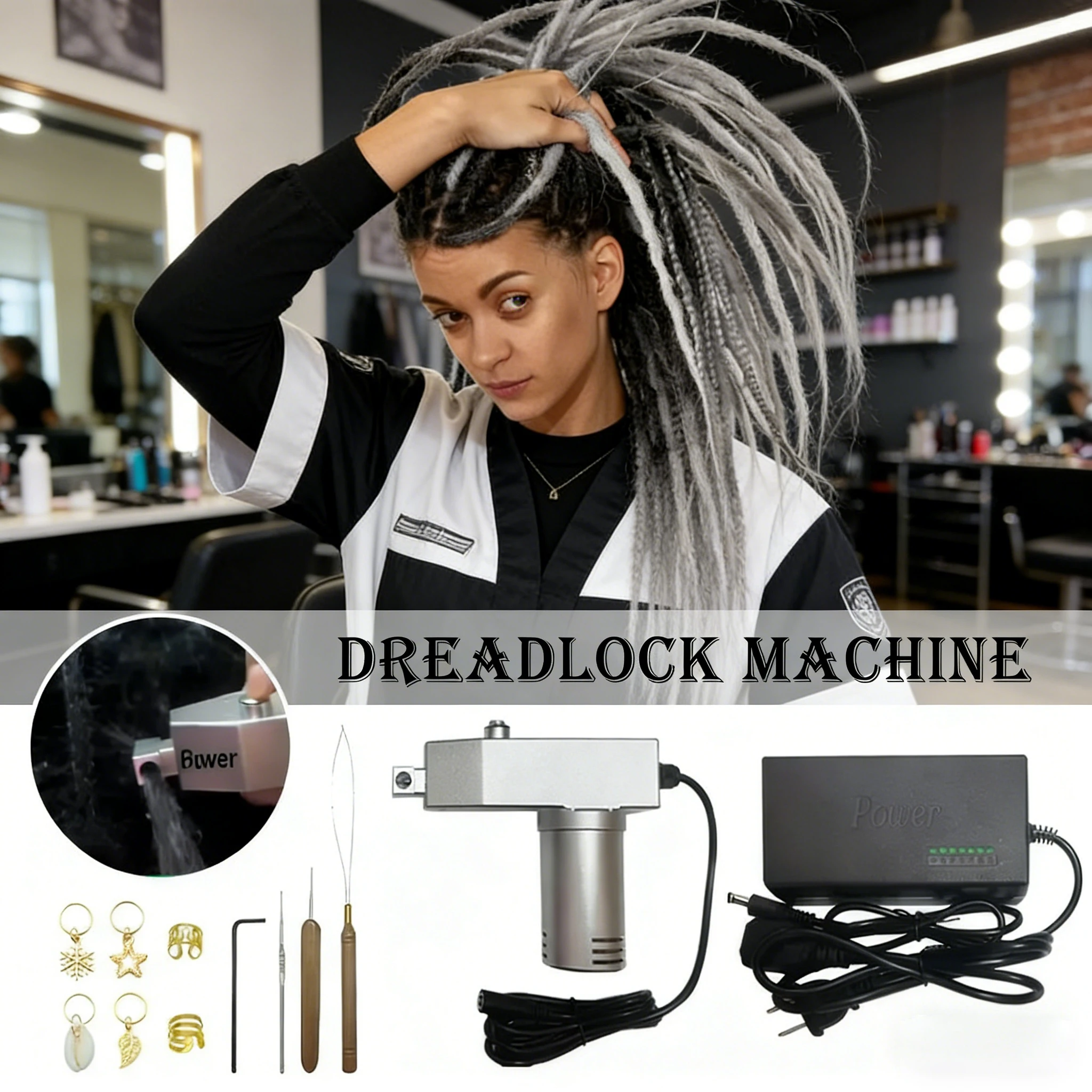 Professioneller elektrischer Dreadlocks-Maker – 96 W, 7 Geschwindigkeiten, verstellbare automatische Häkelmaschine zum schnellen Haarflechten Image
