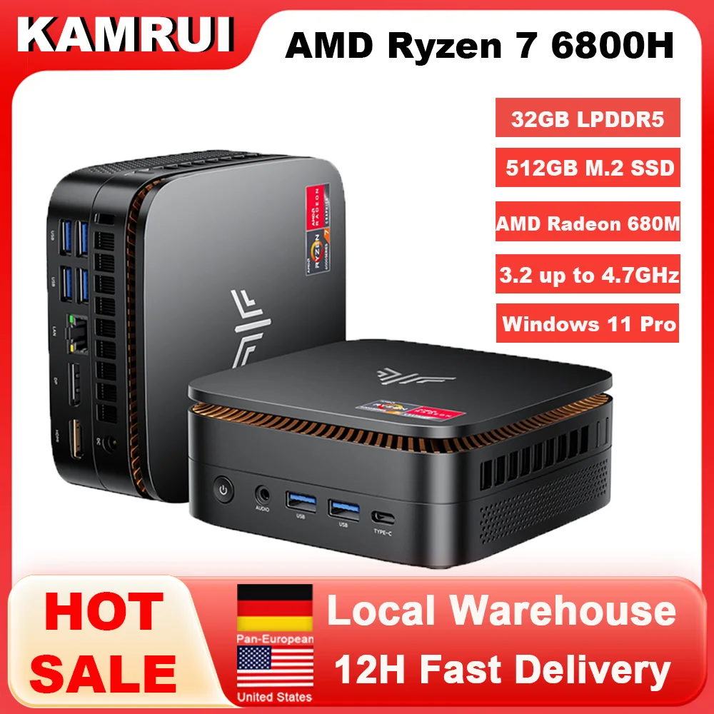 KAMRUI Mini-PC AMD R7 6800H 32GB LPDDR5 6400MHz 512GB M.2 PCIeSSD Max 4,7GHz Win11pro WiFi6 BT5.2 4K Desktop-Computer Gaming-PC Image