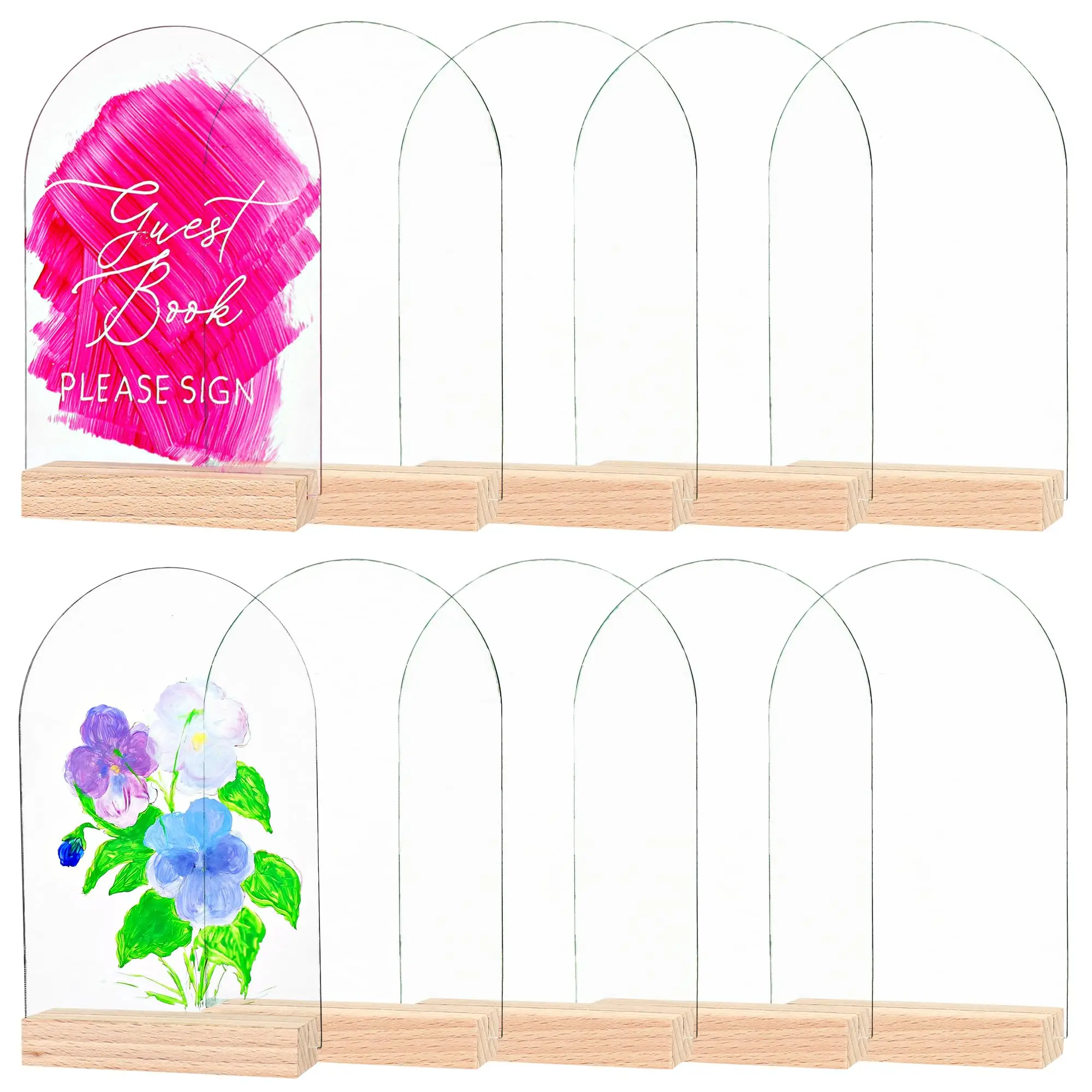 Acryl schild leere Blätter mit Holz ständern, klare gewölbte Zeichen für DIY, Hochzeit Tisch nummern, Empfang, Herzstück, Dekoration Image