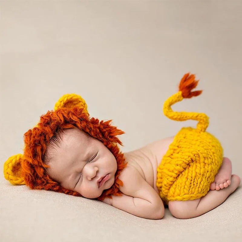 Neugeborenen Fotografie Outfit Baby Kostüm Häkeln Gestrickte Löwe Neugeborenen Fotografie Requisiten Zubehör Jungen Mädchen Foto Kleidung Image