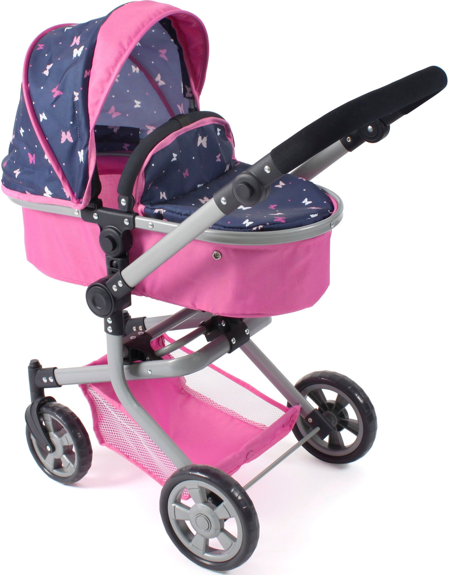 Kombi-Puppenwagen CHIC2000 "Mika", bunt (butterfly rosa), Puppenwagen, KinderB:41cm H:82cm T:73cm, Kunststoff, Metall, Stoff, mit schwenkbaren Vorderrädern, B:41cm H:82cm T:73cm