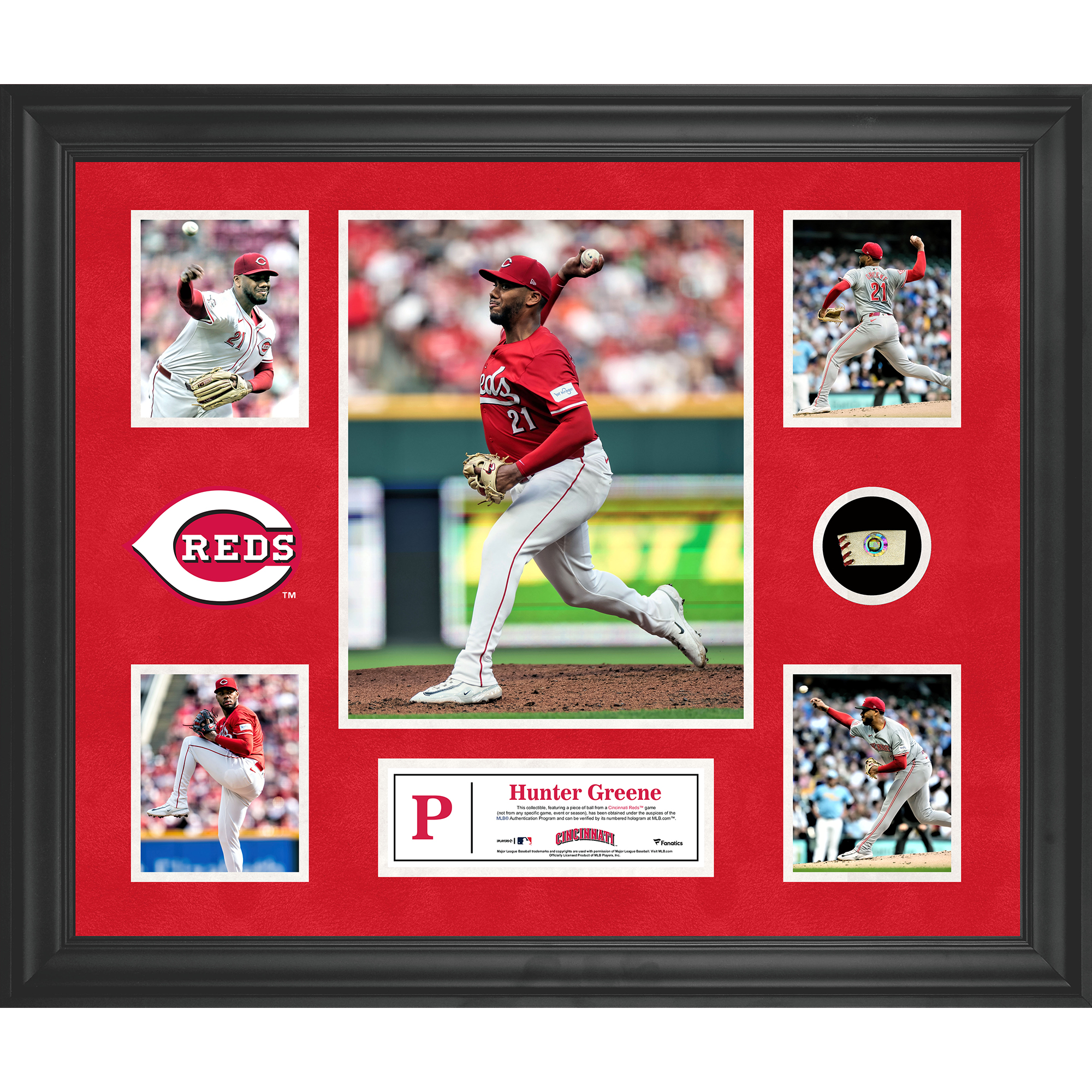 Hunter Greene Cincinnati Reds gerahmte 5-Foto-Collage mit einem Stück eines Spielballs Image