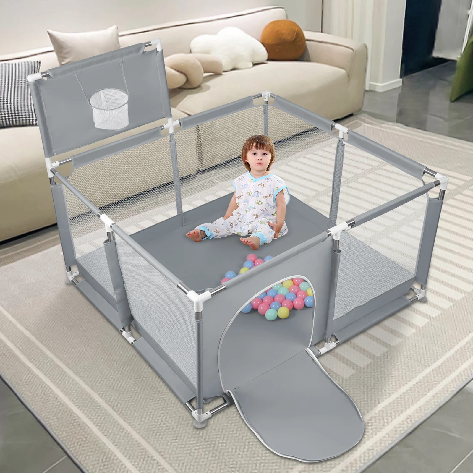 Kinderpark-Spielzaun 126 x 126 x 66 cm mit Basketballkorb – dunkelgrau/hellgrau/schwarz/blau Image