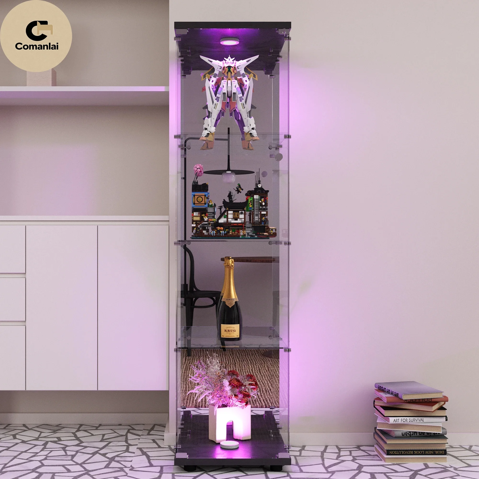 Comanlai 164 cm LED-Glasvitrine, mit Schloss, transparent, großes Rückspiegel-Vitrine (4 Lagen Spiegel + Lichter, Schwarz)