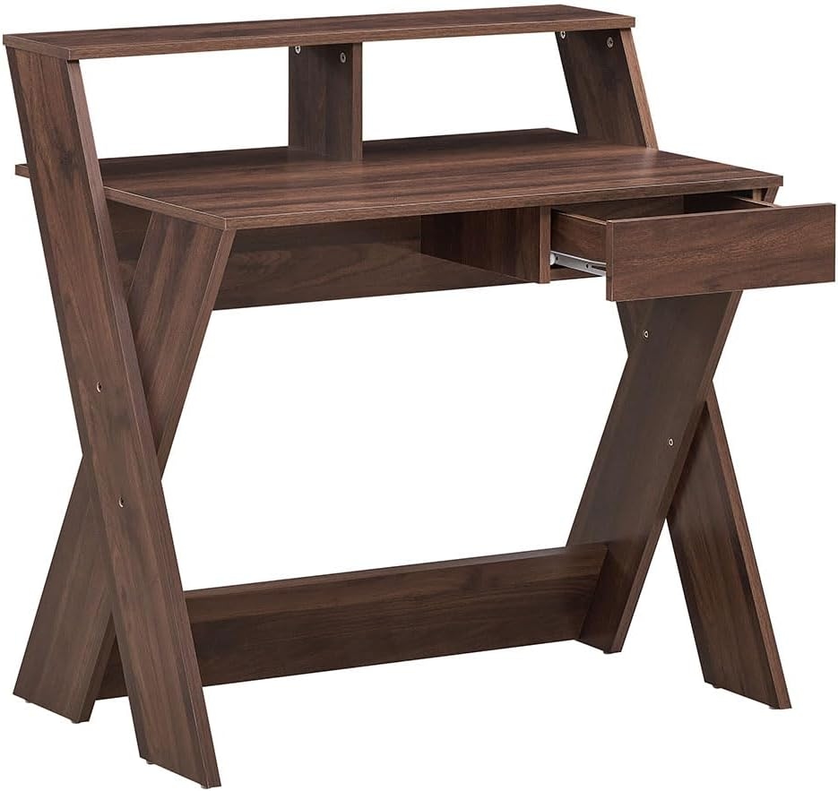 COSTWAY Computertisch mit Schublade, Schreibtisch mit Monitorerhöhung, Arbeitstisch in X-Form aus Holz für kleine Räume, Zuhause und Büro Image