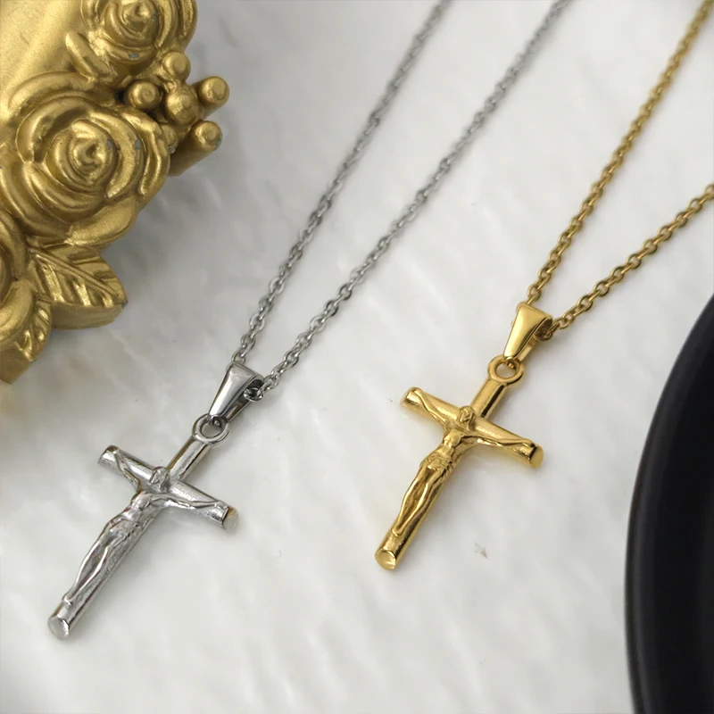 Klassische Jesus-Kreuz-Halskette, 18 Karat vergoldeter Edelstahl, religiöser Schmuck, poliert und langlebig, für Männer und Frauen, Christen Image