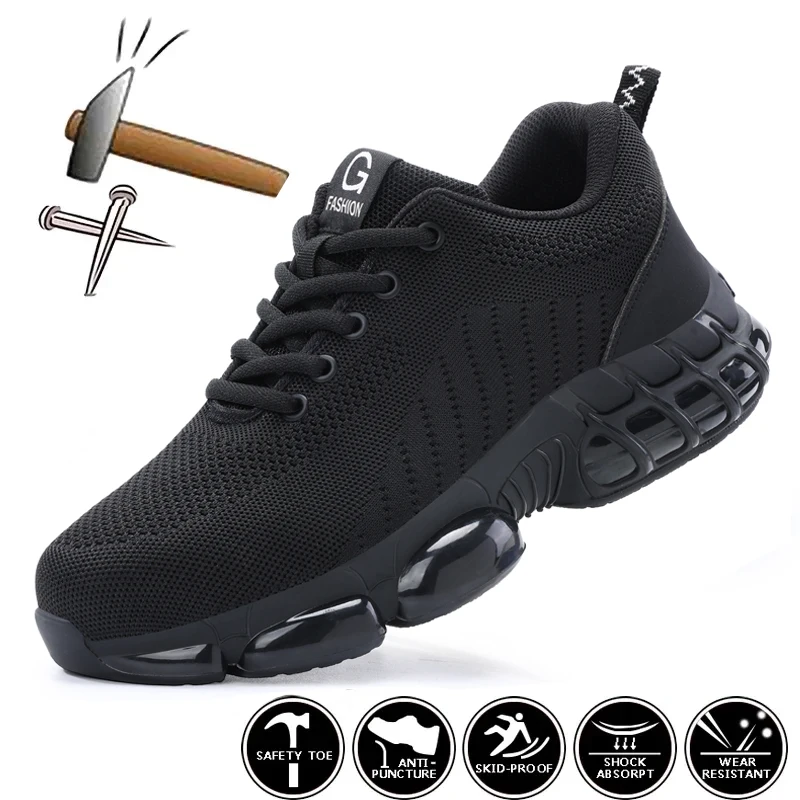 Sicherheitsschuhe Herren Stahlkappe Stiefel Anti-Smash Anti-Pannen-Sicherheits-Arbeitsschuhe Herren Leichte atmungsaktive Schutzschuhe Schwarz Image