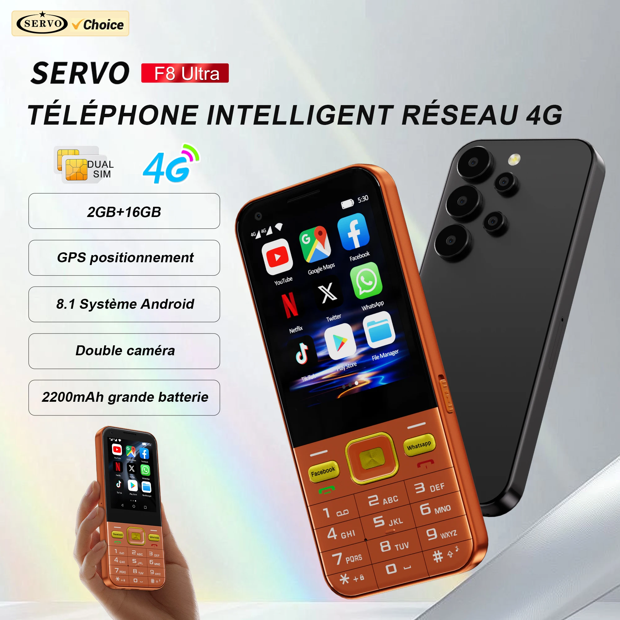 SERVO F8 Ultra Android Touch Smartphone 4G LTE RAM 2GB ROM 16GB Play Store WhatsAPP GPS double bouton de carte SIM téléphones mobiles intelligents