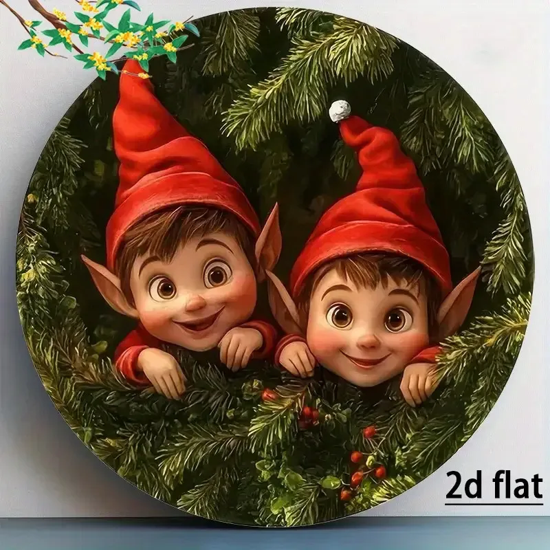 2D flach, 1 Stück Vintage Holz runde Wand- und Tischdekoration – 19,99 x 19,99 cm künstliche Weihnachtsdekoration mit rothaften Zwergen, P