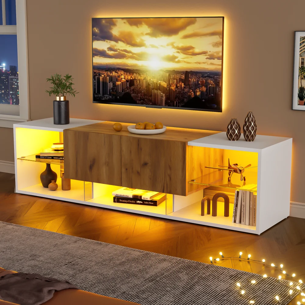 3-stufiger TV-Schrank für Fernseher bis zu 70 Zoll, moderne TV-Konsole mit Glasplatten-Aufbewahrungsplattform und 2 Schubladen, geeignet für Wohnzimmer
