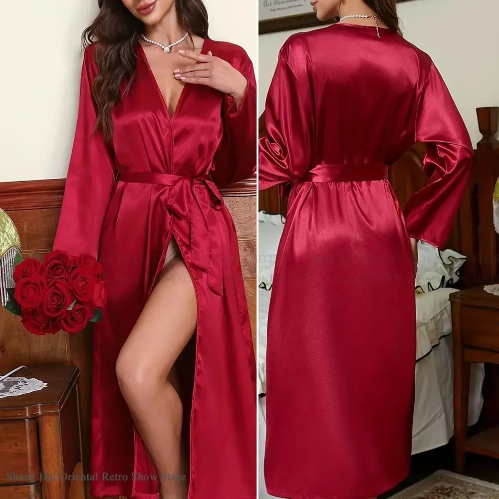 SEXY Neue Lange Robe Frühling Sommer Große Größe 3XL 4XL 5XL Weibliche Kimono Kleid Bademantel Nachtwäsche Negligé Seide Satin Hause kleid Image