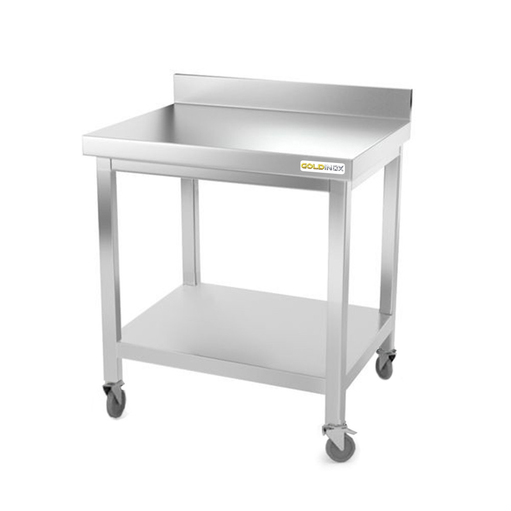 Arbeitstisch aus Edelstahl 800 x 800 mm auf PREMIUM-Rollen. GOLDINOX Image