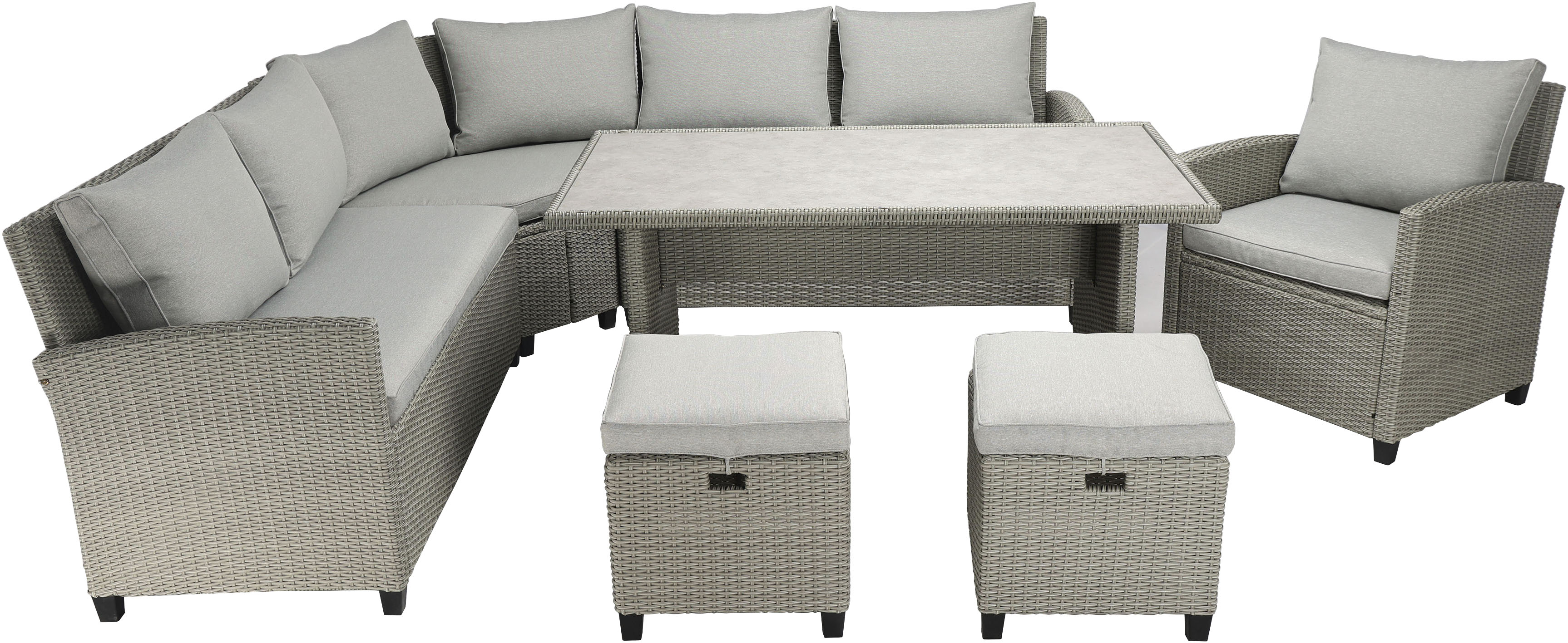 Gartenlounge-Set KONIFERA "Keros Premium XL", grau,, Polyrattan, Stahl, Sitzmöbel-Sets, bestehend aus 3 Sofas, 1 Sessel, 2 Hocker, 14 Sitzauflagen, 1 Tisch