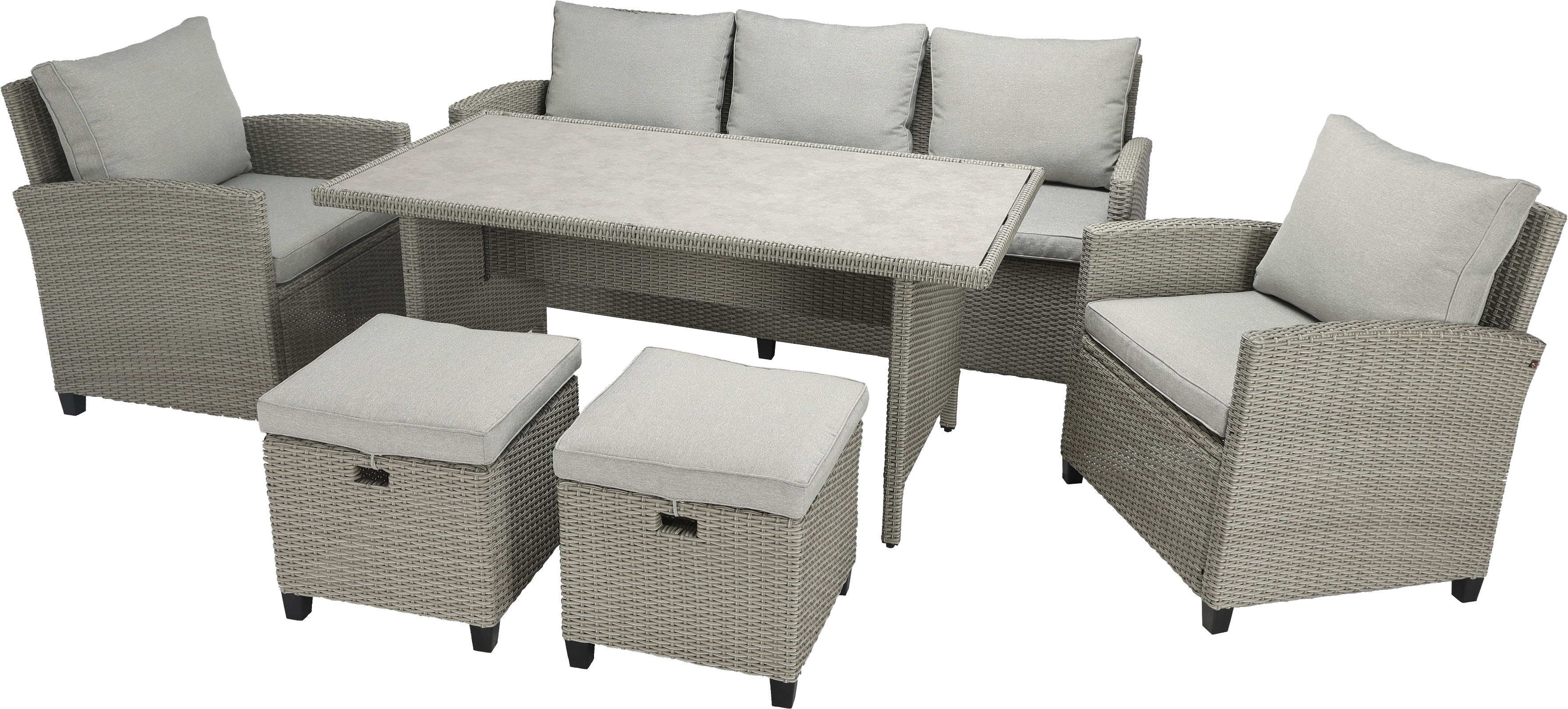 Gartenlounge-Set KONIFERA "Amsterdam XL", grau,, Polyrattan, Stahl, Sitzmöbel-Sets, bestehend aus 2 Sesseln, 2 Hocker, 1 Sofa, 10 Sitzauflagen, 1 Tisch