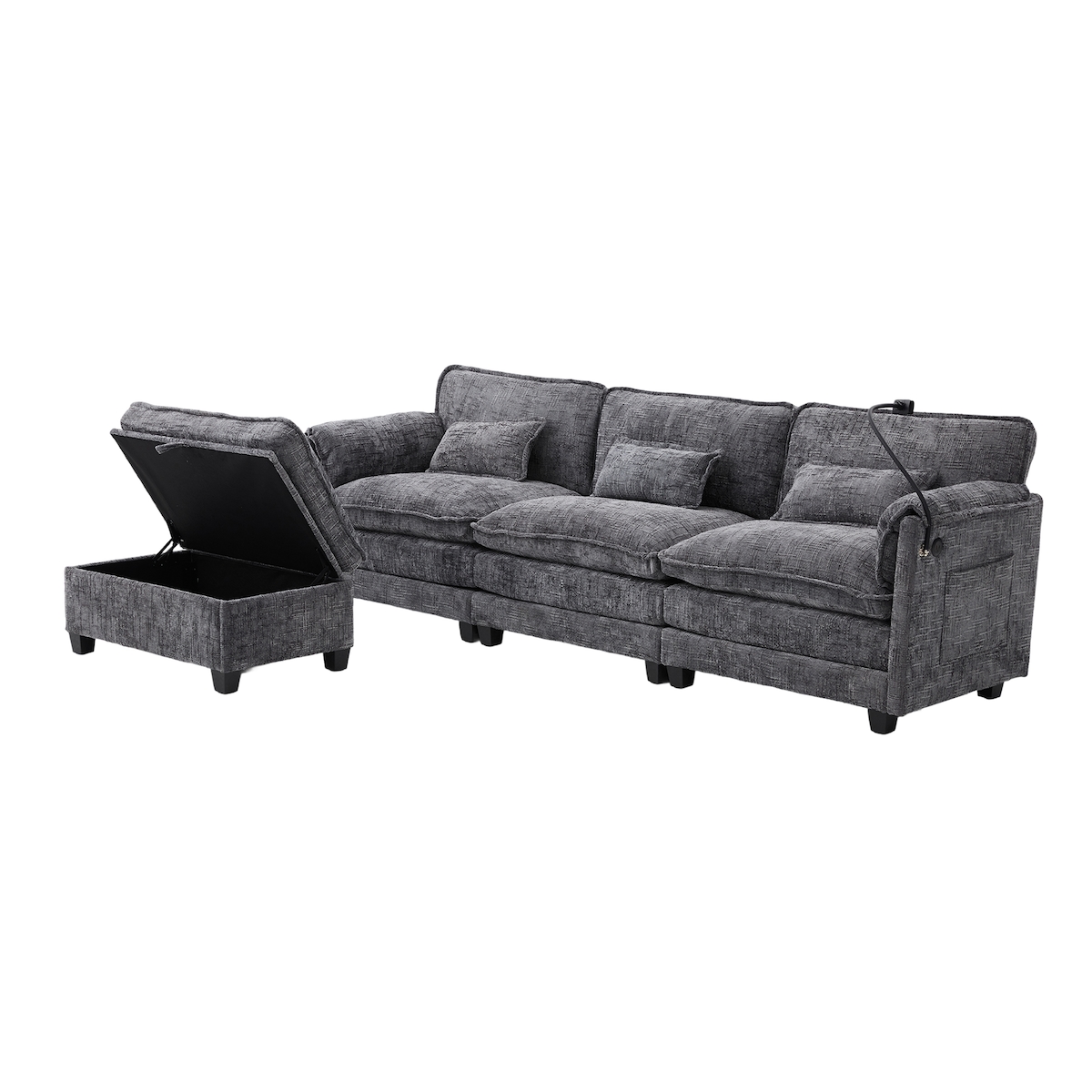 MODFU 2-Sitzer Sofa Chenillebezug 279x83x85 cm in Grau mit USB-Anschluss, Hocker, Seitentasche und Handyhalterung Image