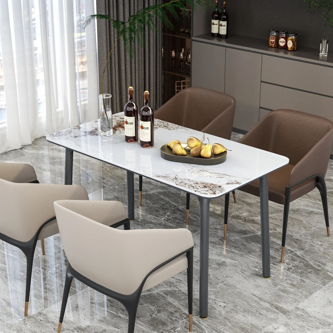55''Moderner rechteckiger Esstisch aus gesintertem Stein und gehärtetem Glas, Küchentisch aus Mischmaterial mit Aluminiumsockel für 4-6-Sitzer Image