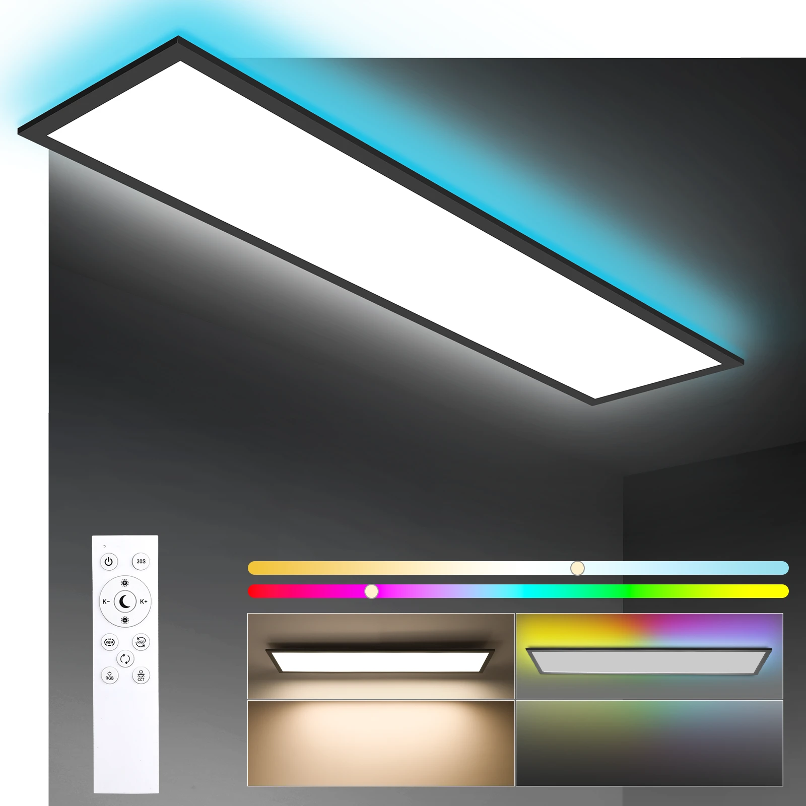 120x30 LED-Deckenleuchte RGB mit Fernbedienung, 40W 4800LM dimmbar, Speicherfunktion, 3000K-6500K für Wohnzimmer, Schlafzimmer und Büro Image