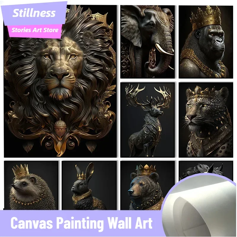 Luxus Gold König Tier Poster Gorilla Leopard Hirsch Löwe Tiger Adler Fuchs Leinwand Malerei Druck Wand Kunst Bild Zimmer Home Decor Image