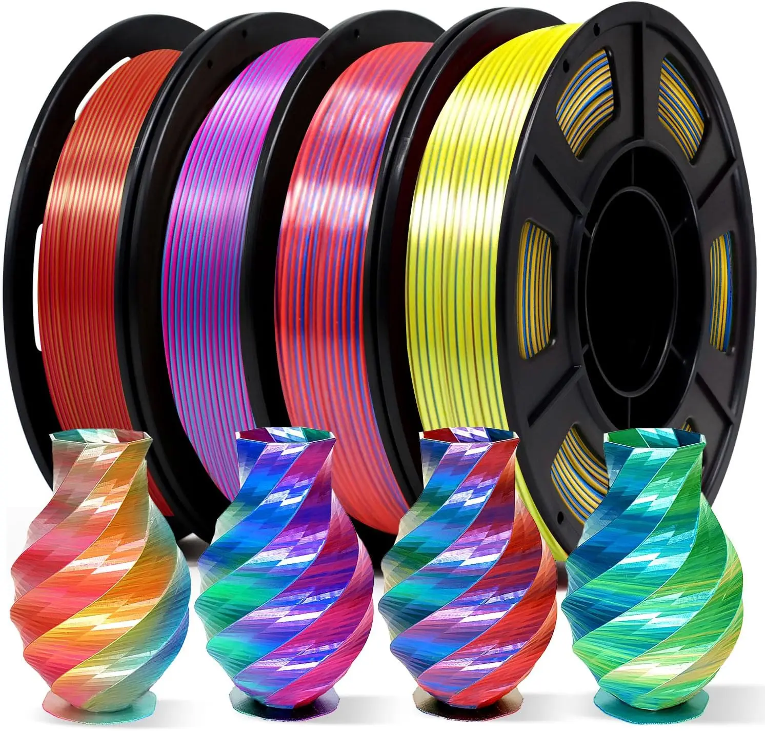 3D-Drucker-Filament, dreifarbiges Seiden-PLA-Filament, 1,75 mm, 250 g x 4er-Pack, mehrfarbiges Filament wie Regenbogen Image